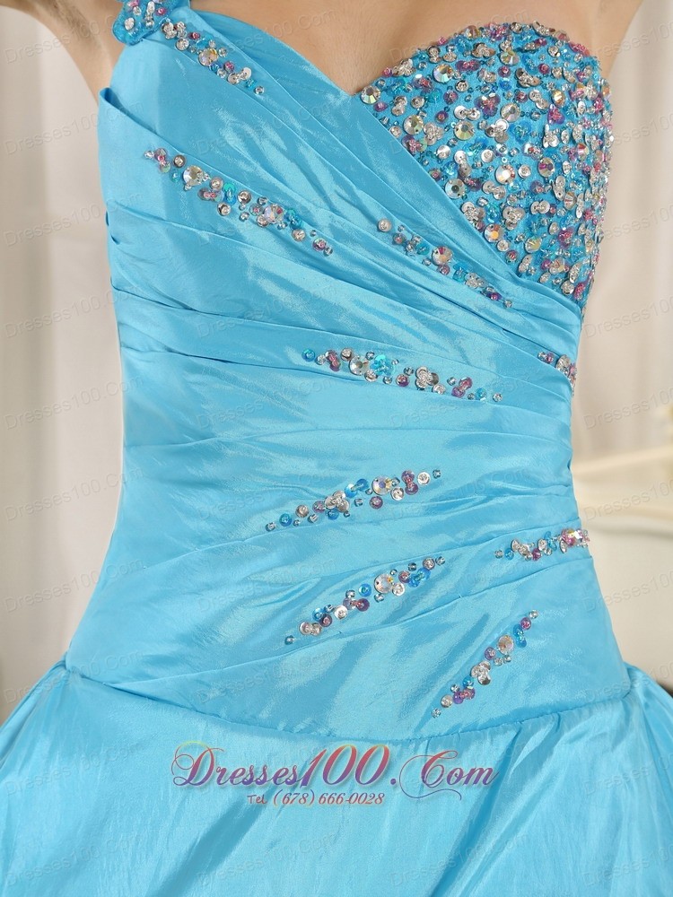 One Shoulder Baby Blue Quinceanera Dress Appliques and Beading