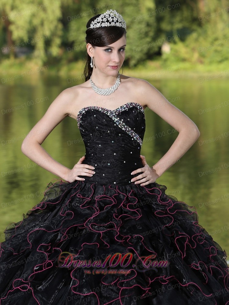 Beaded Ruffle Layers Black Ball Gown for Quinceanera