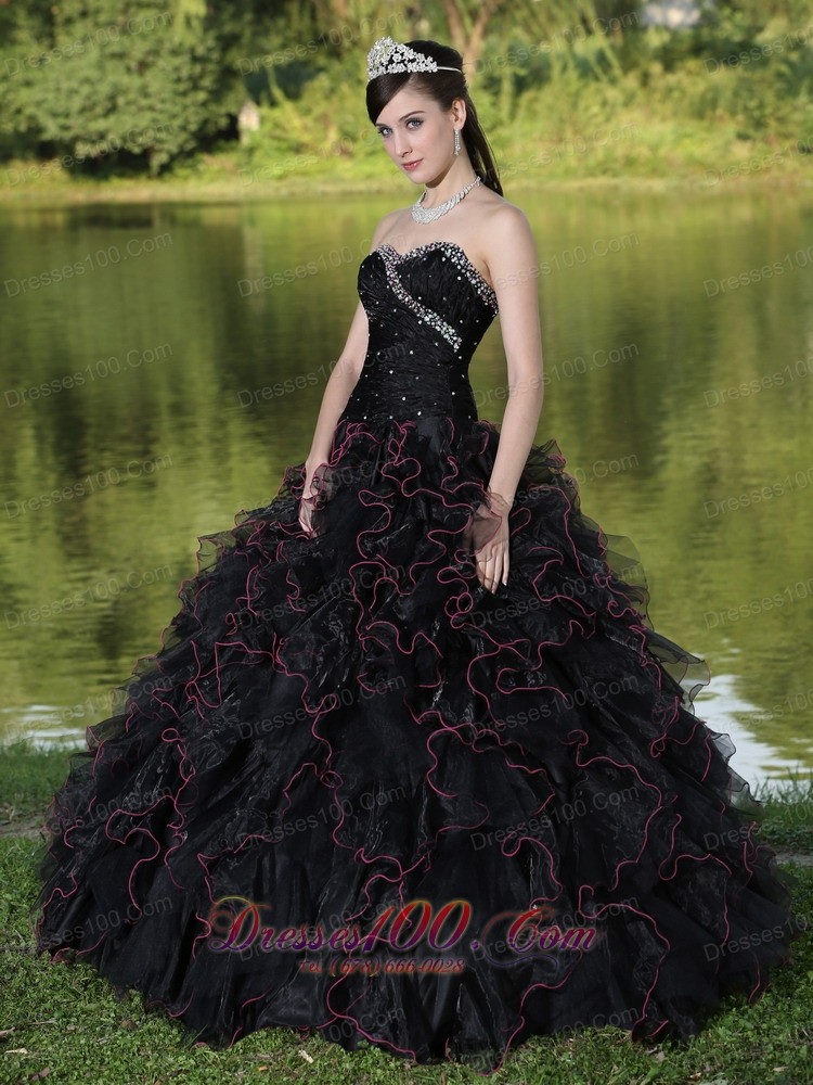 Beaded Ruffle Layers Black Ball Gown for Quinceanera