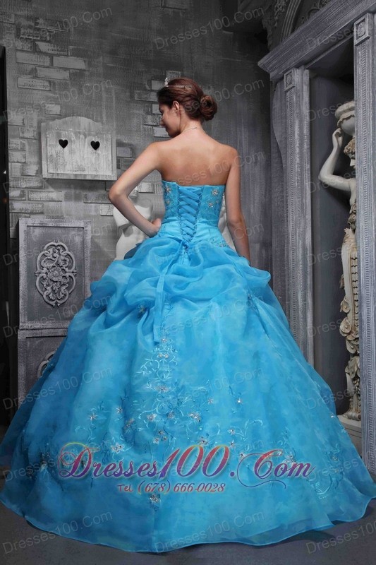Strapless Organza Appliques Baby Blue Dress for Quinceaneras