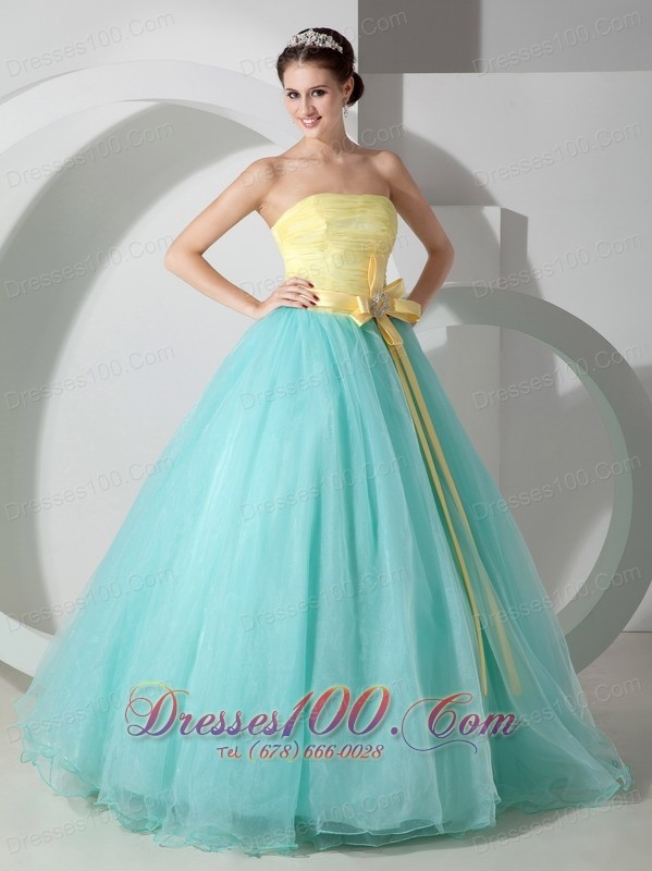 Aqua Blue and Yellow Sash and Ruch Organza Quince Dresses
