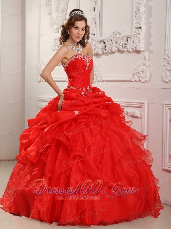 Affordable Red Organza Ruffles Sweet 16 Dress