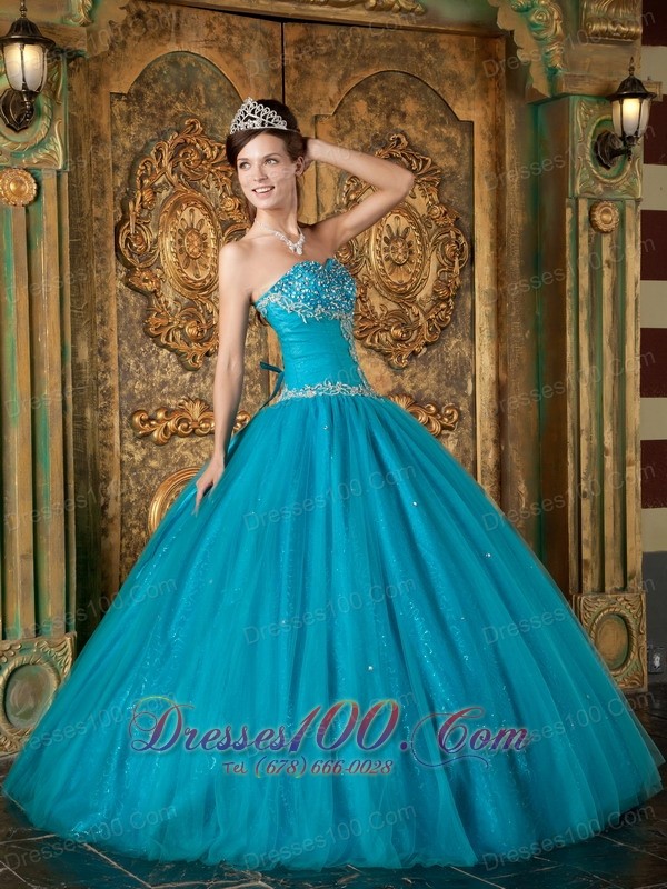Teal A Line Tulle Beading Quinceanera Gown