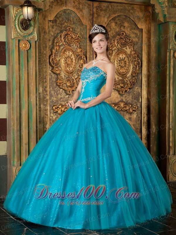 Teal A Line Tulle Beading Quinceanera Gown