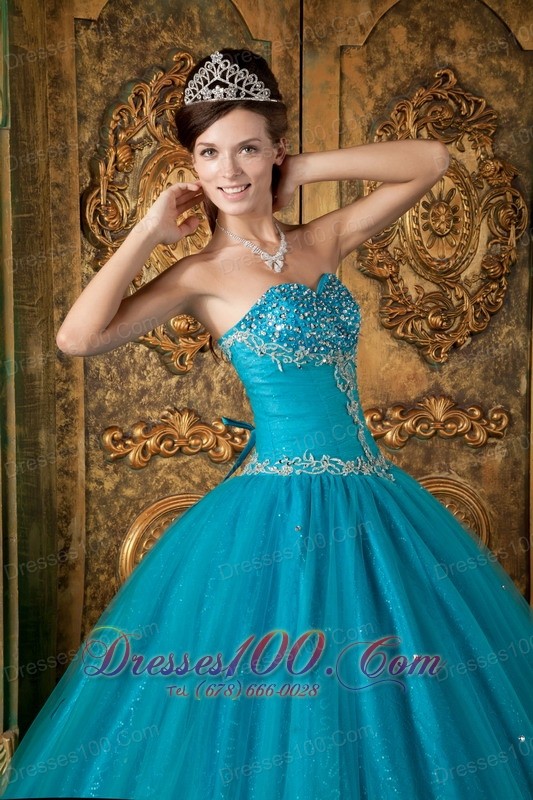 Teal A Line Tulle Beading Quinceanera Gown