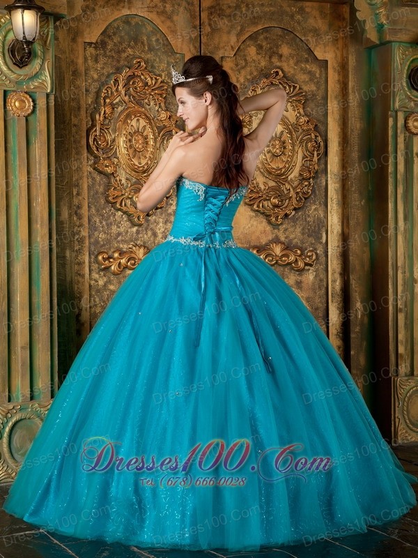 Teal A Line Tulle Beading Quinceanera Gown