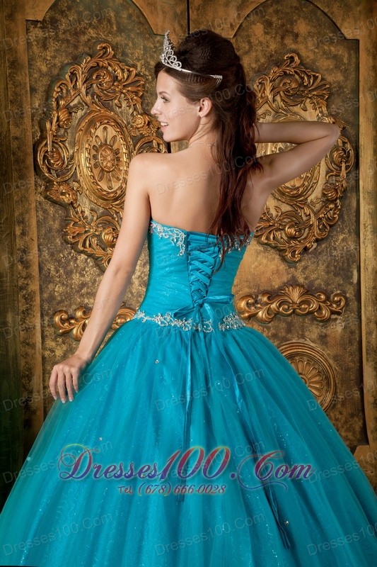 Teal A Line Tulle Beading Quinceanera Gown