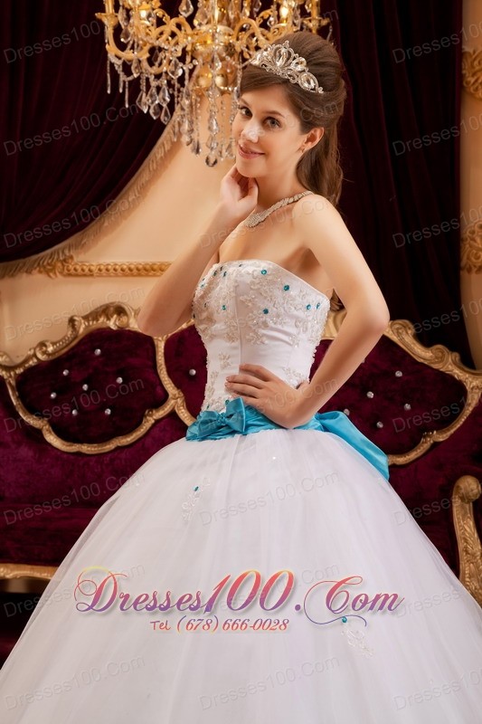 2013 White Satin Sash Beading Quinceanera Gown