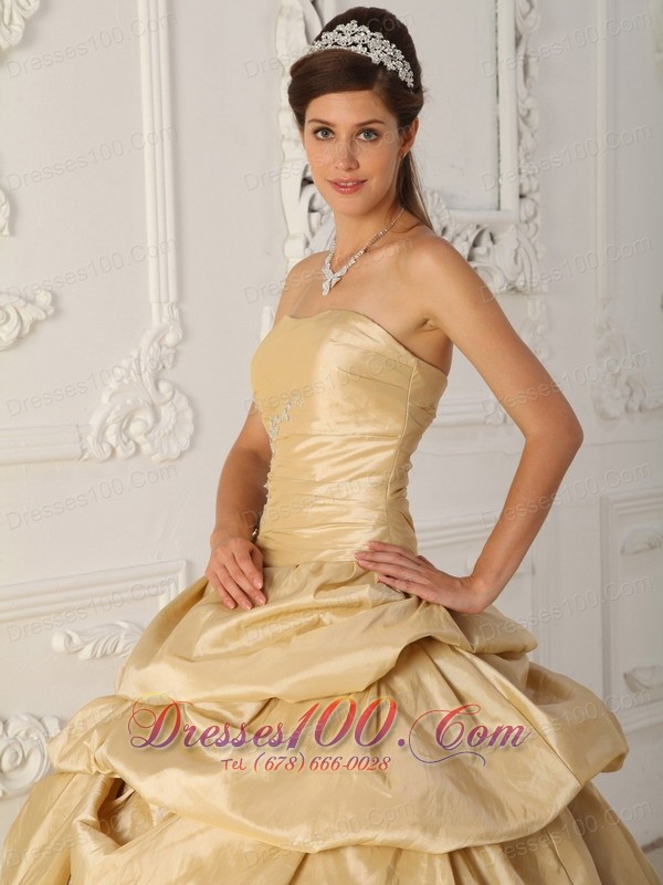 Cheap Champagne Flowers Taffeta Pick-Ups Quinceanera Dress