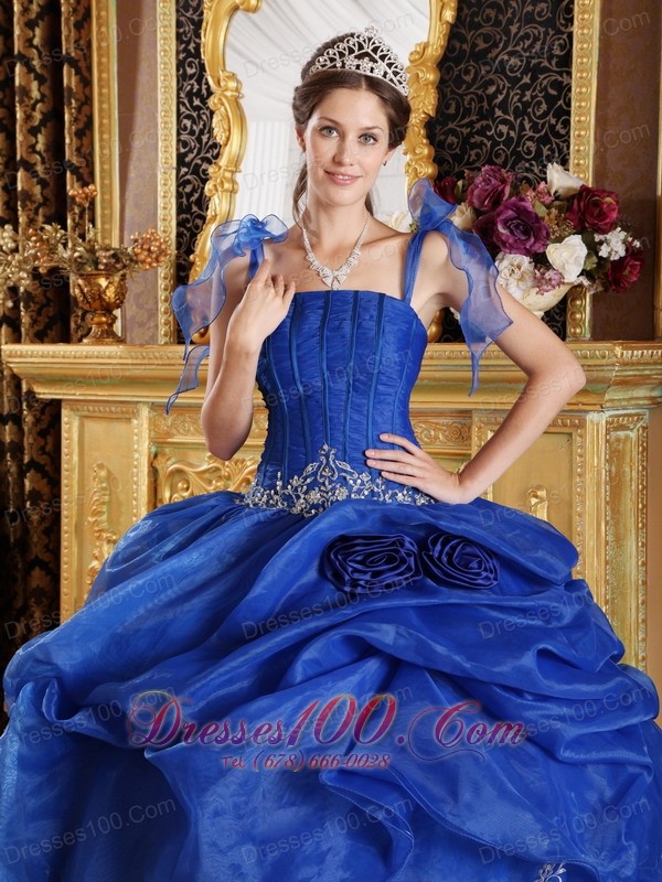 Spaghetti Straps Blue Flowers Organza Sweet 16 Dress