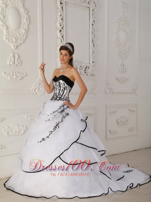 White Quinceanera Dress Black Embroidery Beading