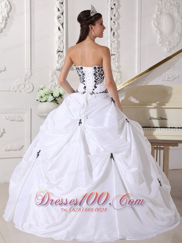 White Taffeta Black Embroidery Beading Sweet 16 Dress