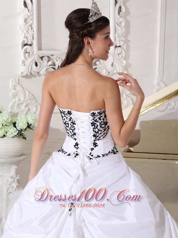 White Taffeta Black Embroidery Beading Sweet 16 Dress