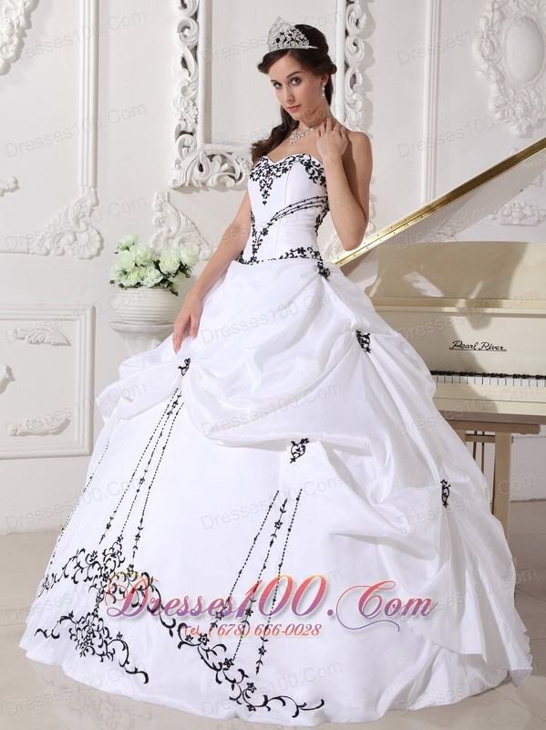 White Taffeta Black Embroidery Beading Sweet 16 Dress