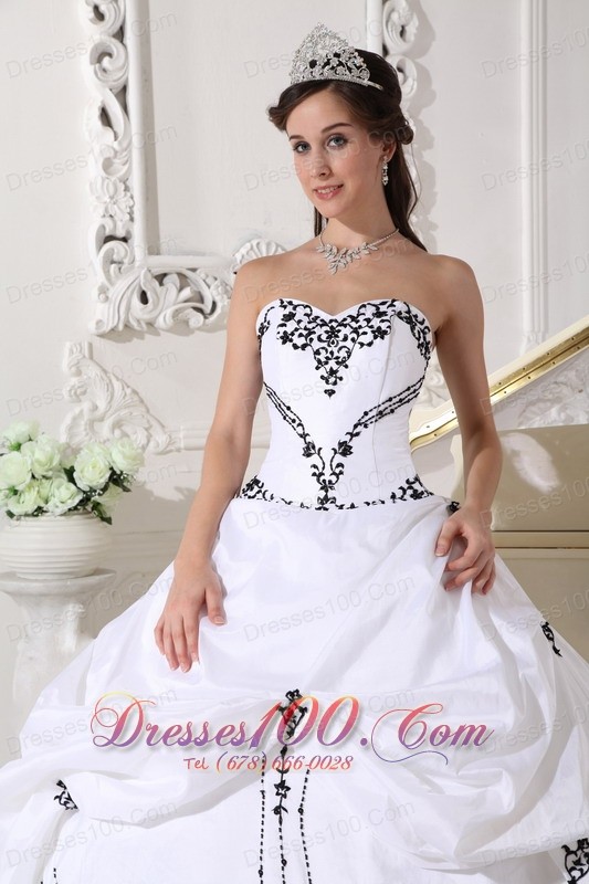 White Taffeta Black Embroidery Beading Sweet 16 Dress
