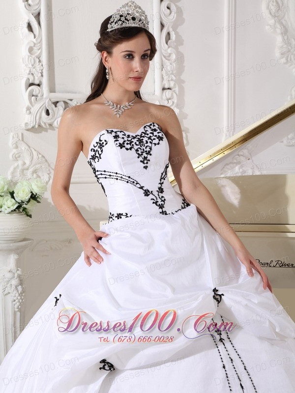White Taffeta Black Embroidery Beading Sweet 16 Dress