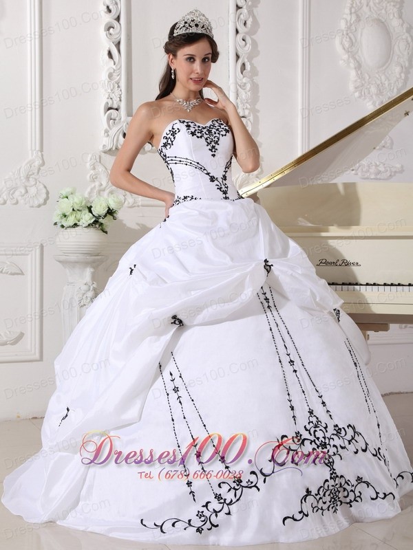 White Taffeta Black Embroidery Beading Sweet 16 Dress