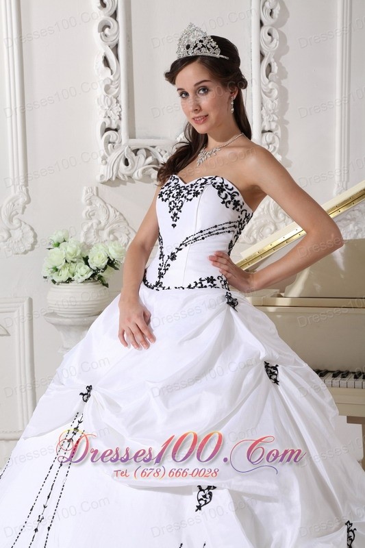 White Taffeta Black Embroidery Beading Sweet 16 Dress