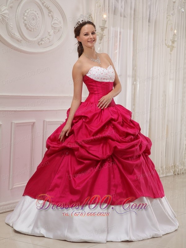 Hot Pink and White Bead Work Quinceanera Dress