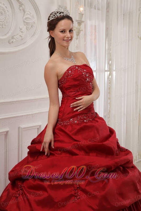 Wine Red Ruffles Taffeta Strapless Dress for Quinceanera