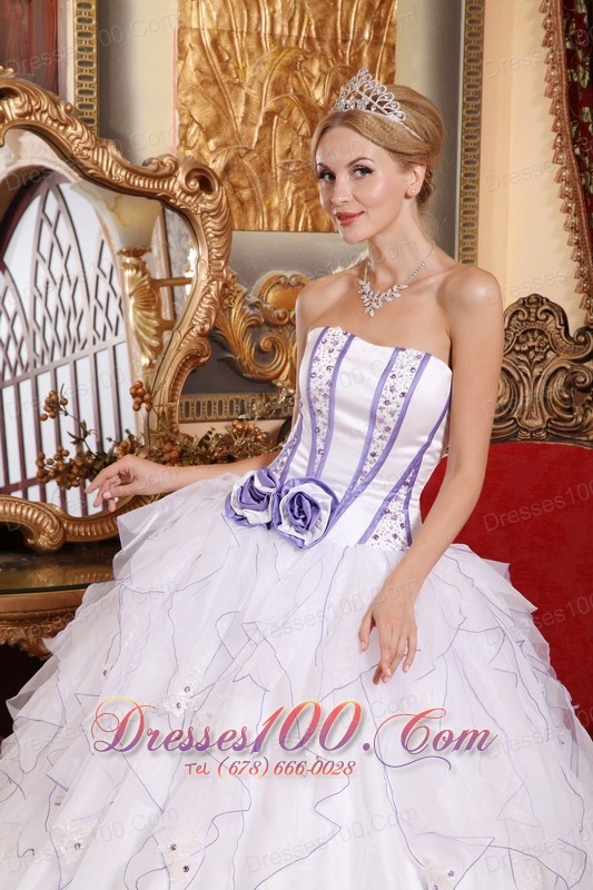 White Hand Flowers Organza Strapless Quinceanera Dress