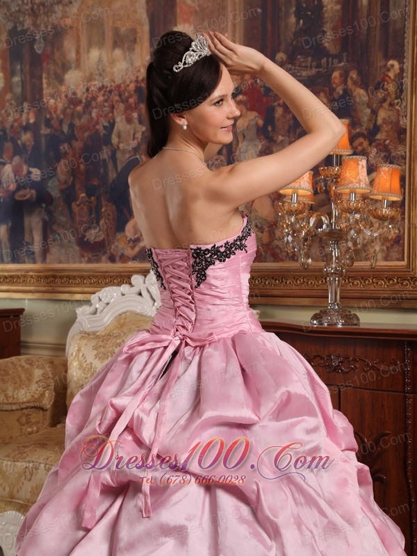 Rose Pink and Black Hand Flowers Dress for Quinceanera
