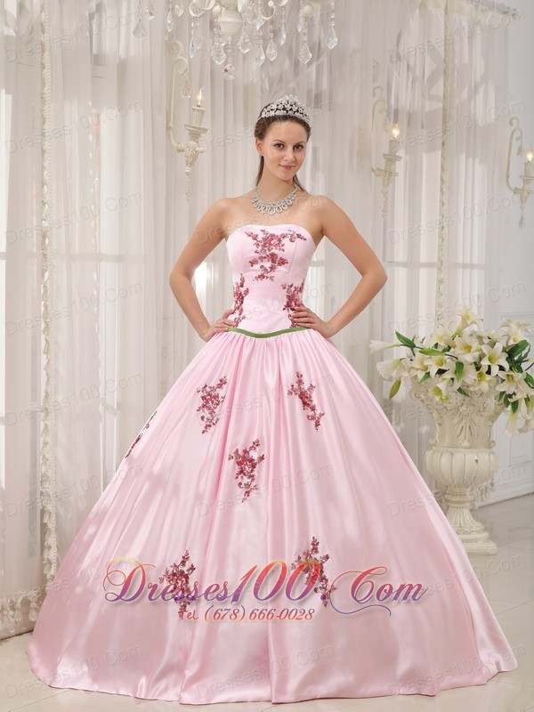 Pink Taffeta Quinceanera Dress Appliques Floor-length