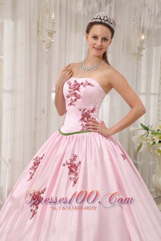 Pink Taffeta Quinceanera Dress Appliques Floor-length