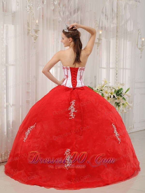 White and Red Appliques Sweetheart Floor-length Sweet 15 Dress