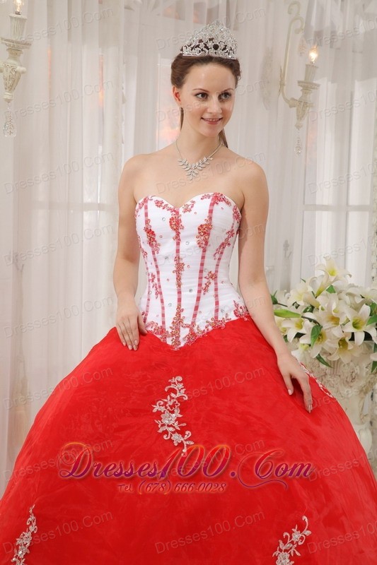White and Red Appliques Sweetheart Floor-length Sweet 15 Dress