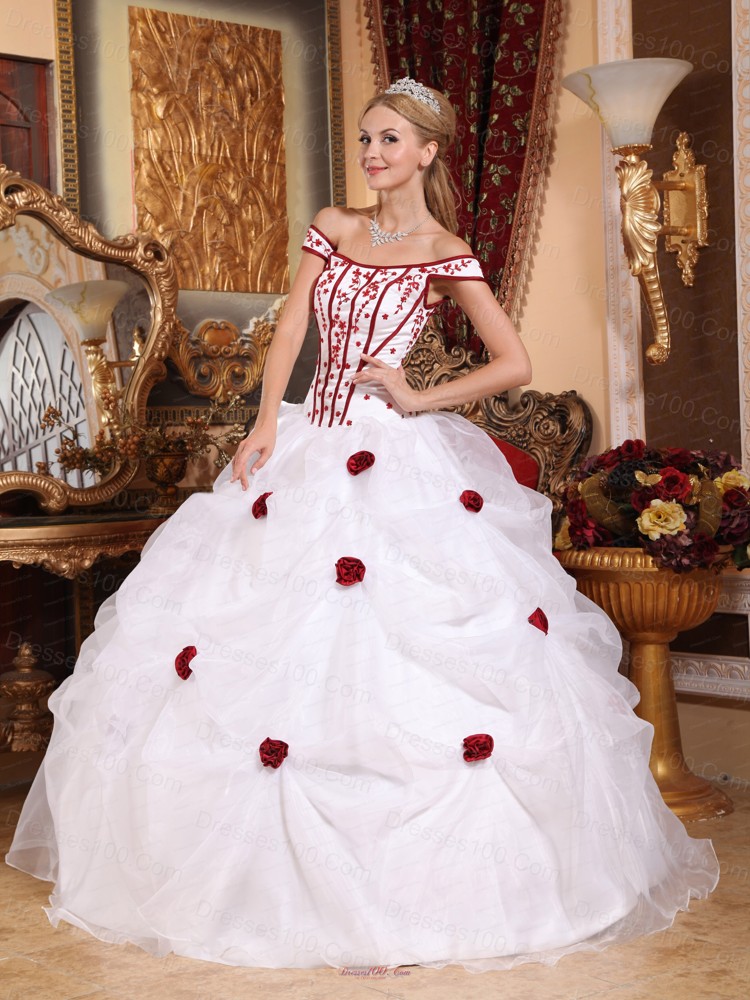 White Off The Shoulder Flowers Embroidery Sweet 16 Dress