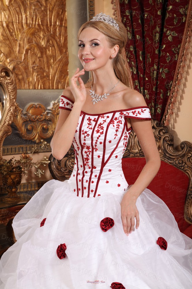 White Off The Shoulder Flowers Embroidery Sweet 16 Dress