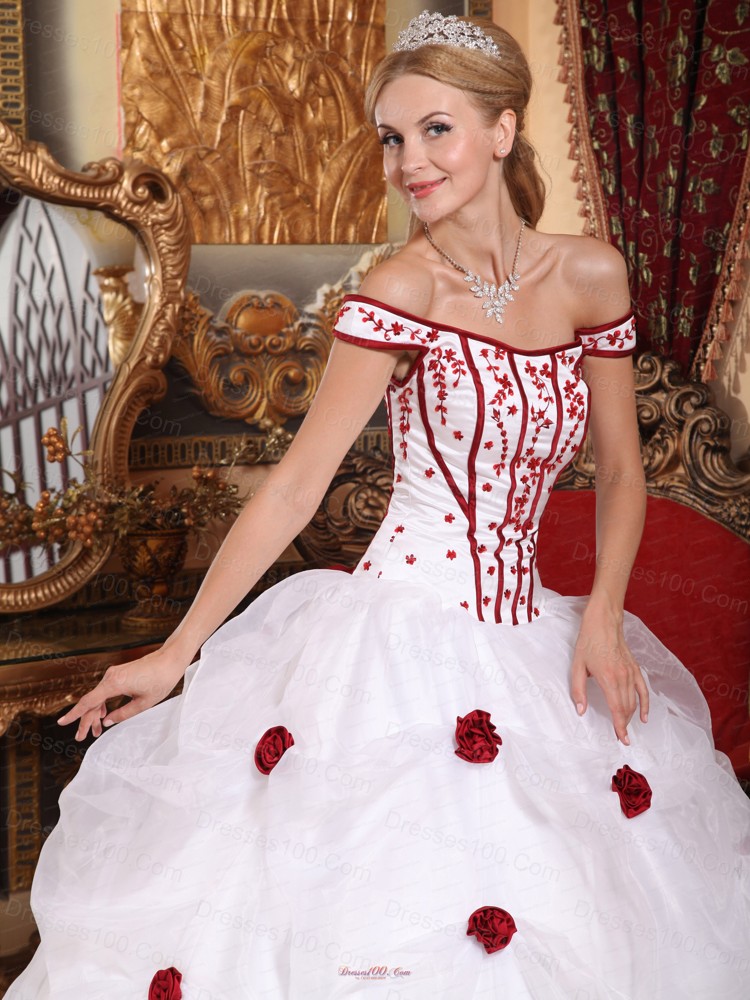 White Off The Shoulder Flowers Embroidery Sweet 16 Dress