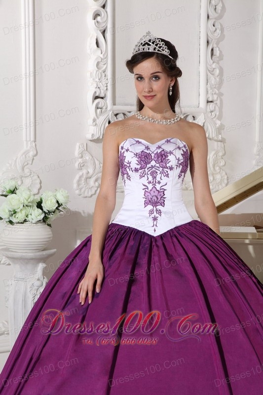 White Dark Purple Quinceanera Dress Embroidery Floor-length