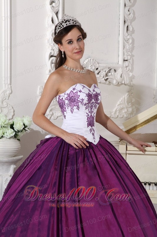White Dark Purple Quinceanera Dress Embroidery Floor-length