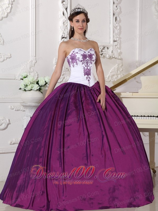 White Dark Purple Quinceanera Dress Embroidery Floor-length