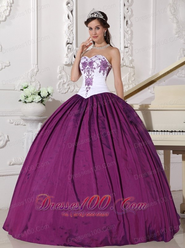 White Dark Purple Quinceanera Dress Embroidery Floor-length