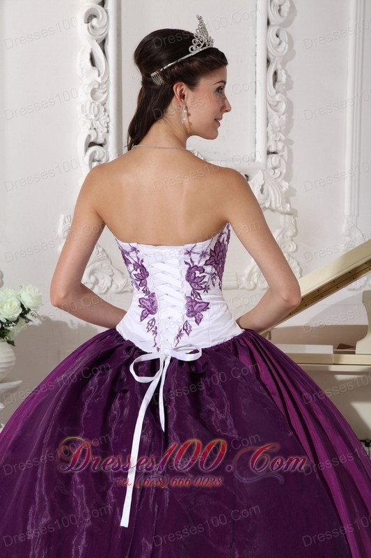 White Dark Purple Quinceanera Dress Embroidery Floor-length