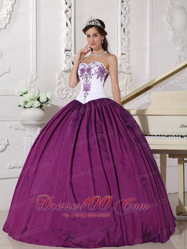White Dark Purple Quinceanera Dress Embroidery Floor-length