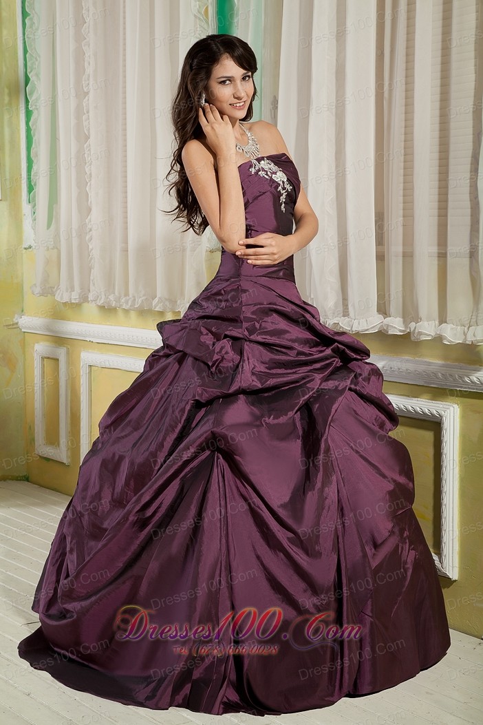 Dark Purple A-line Appliques Strapless Quinceanera Dress