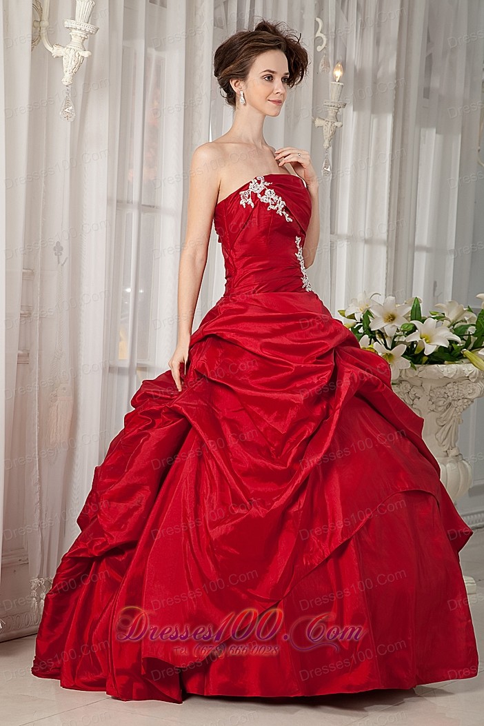 Wine Red Appliques Strapless Floor-length Quinceanera Dress