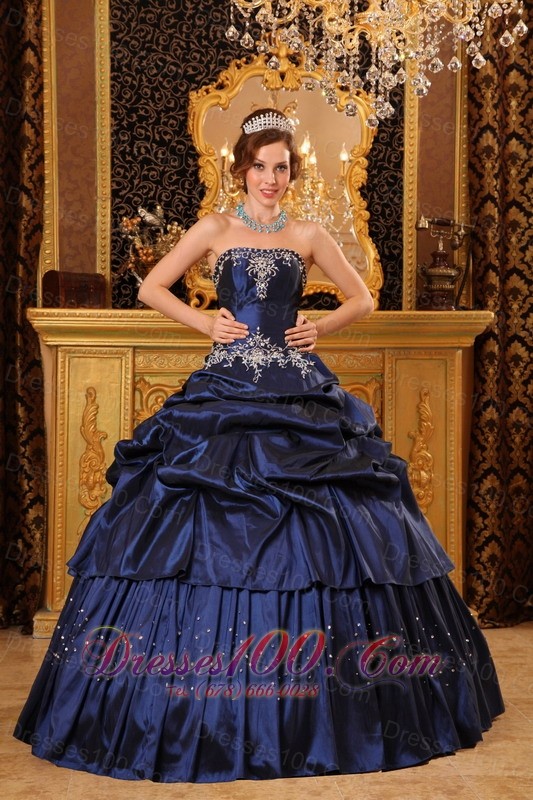 Navy Blue Quinceanera Dress Appliques Beading Taffeta