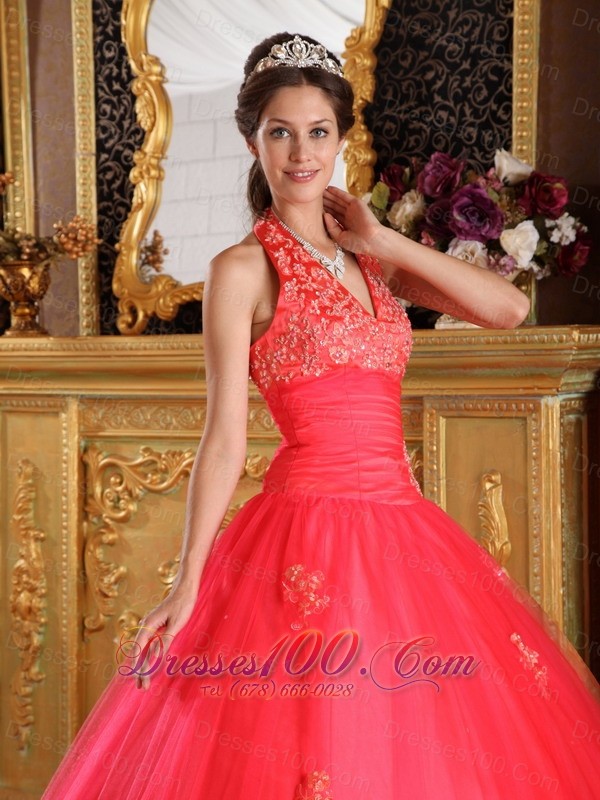 Coral Red Quinceanera Dress Halter Appliques Floor-length