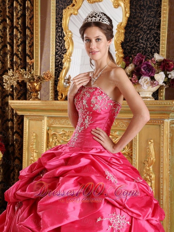 Hot Pink Appliques Bead Strapless Quinceanera Dress