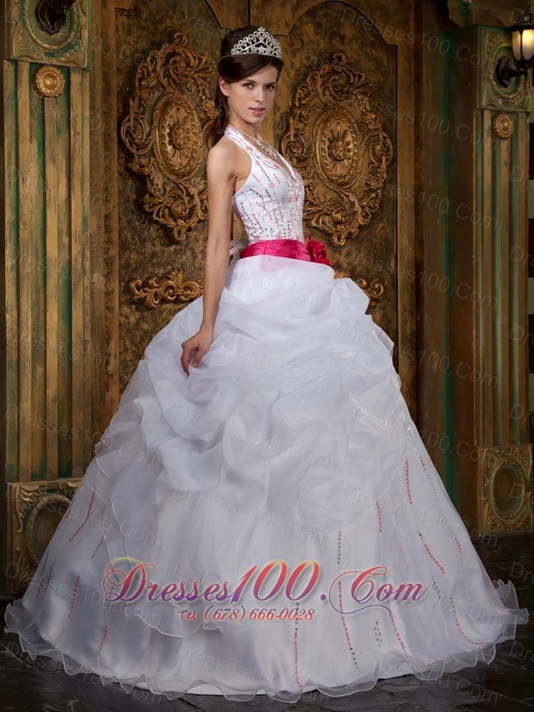 White Sweet 16 Dress Halter Pink Sash Beading Floor-length