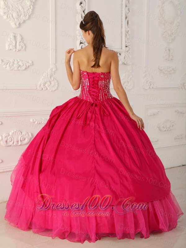 Hot Pink Organza and Taffeta Floor-length Quinceanera Dress