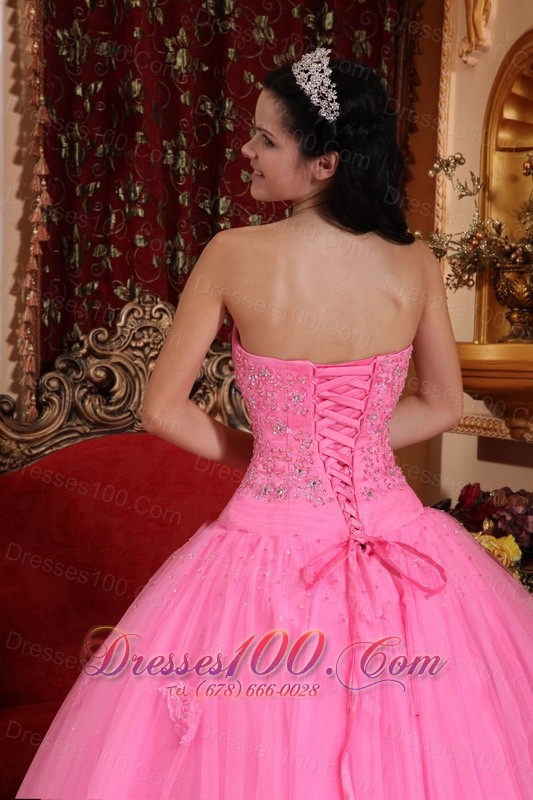 Rose Pink Beading Appliques Quinceanera Dress Strapless