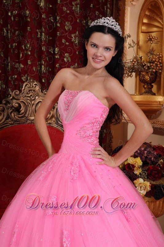 Rose Pink Beading Appliques Quinceanera Dress Strapless