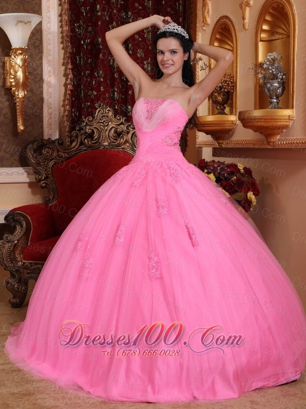 Rose Pink Beading Appliques Quinceanera Dress Strapless