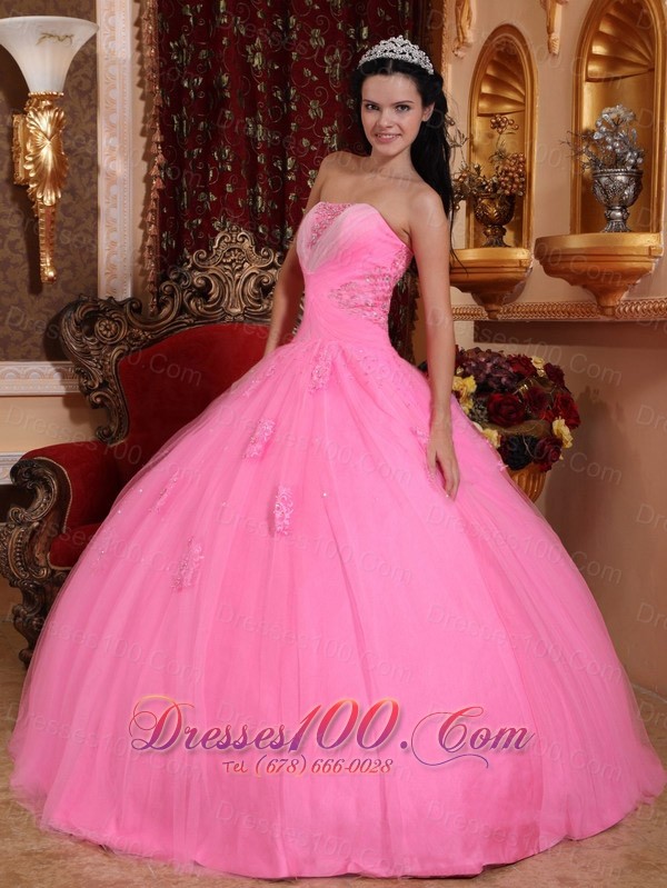 Rose Pink Beading Appliques Quinceanera Dress Strapless